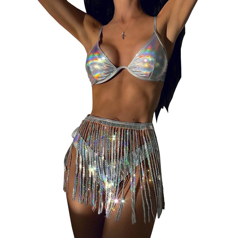 8175 Sequin Skirt Fringe Holographic Disco Cowgirl Outfit Sparkly Dresses